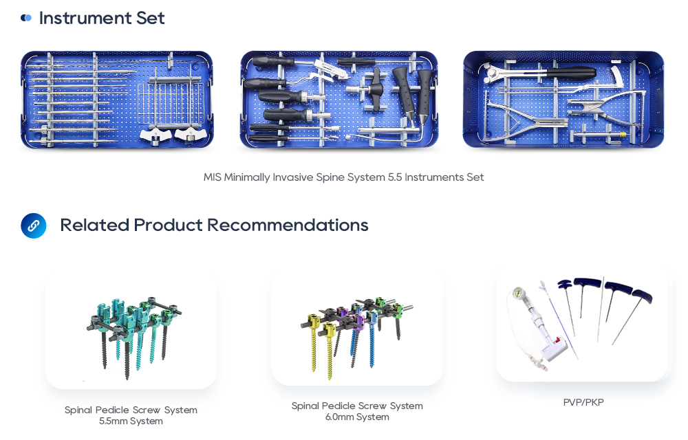 MIS Minimally Invasive Spine System 5.5 Surgical Instrument Set in Sterilization Trays Sistema de columna mínimamente invasivo MIS 5.5 Conjunto de instrumentos quirúrgicos en bandejas de esterilización