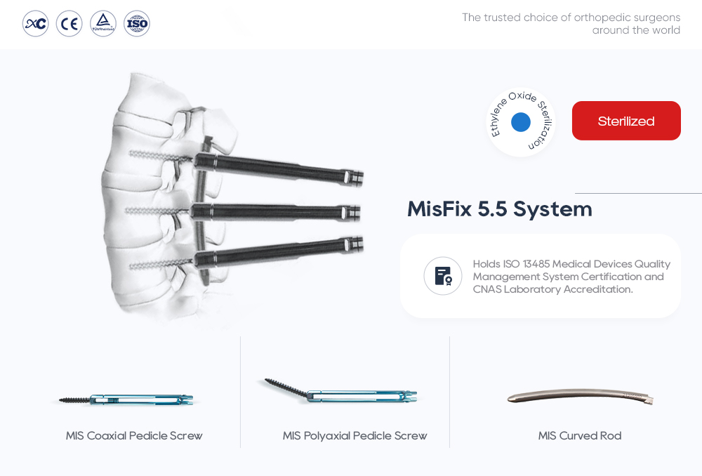 Ethylene Oxide Sterilized MisFix 5.5 Minimally Invasive Spinal Pedicle Screw System Sistema de tornillo pedicular espinal mínimamente invasivo MisFix 5.5 esterilizado con óxido de etileno