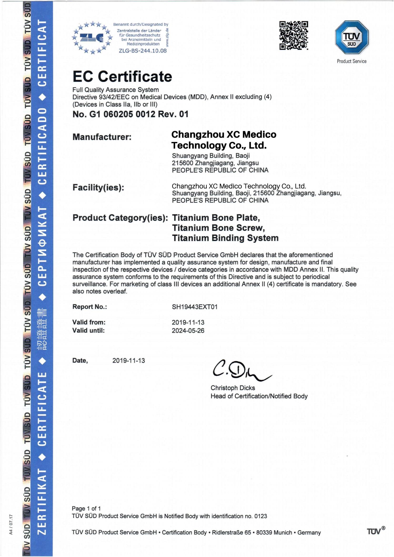 Ejemplo de documento de certificado CE de XC Medico TUV SUD