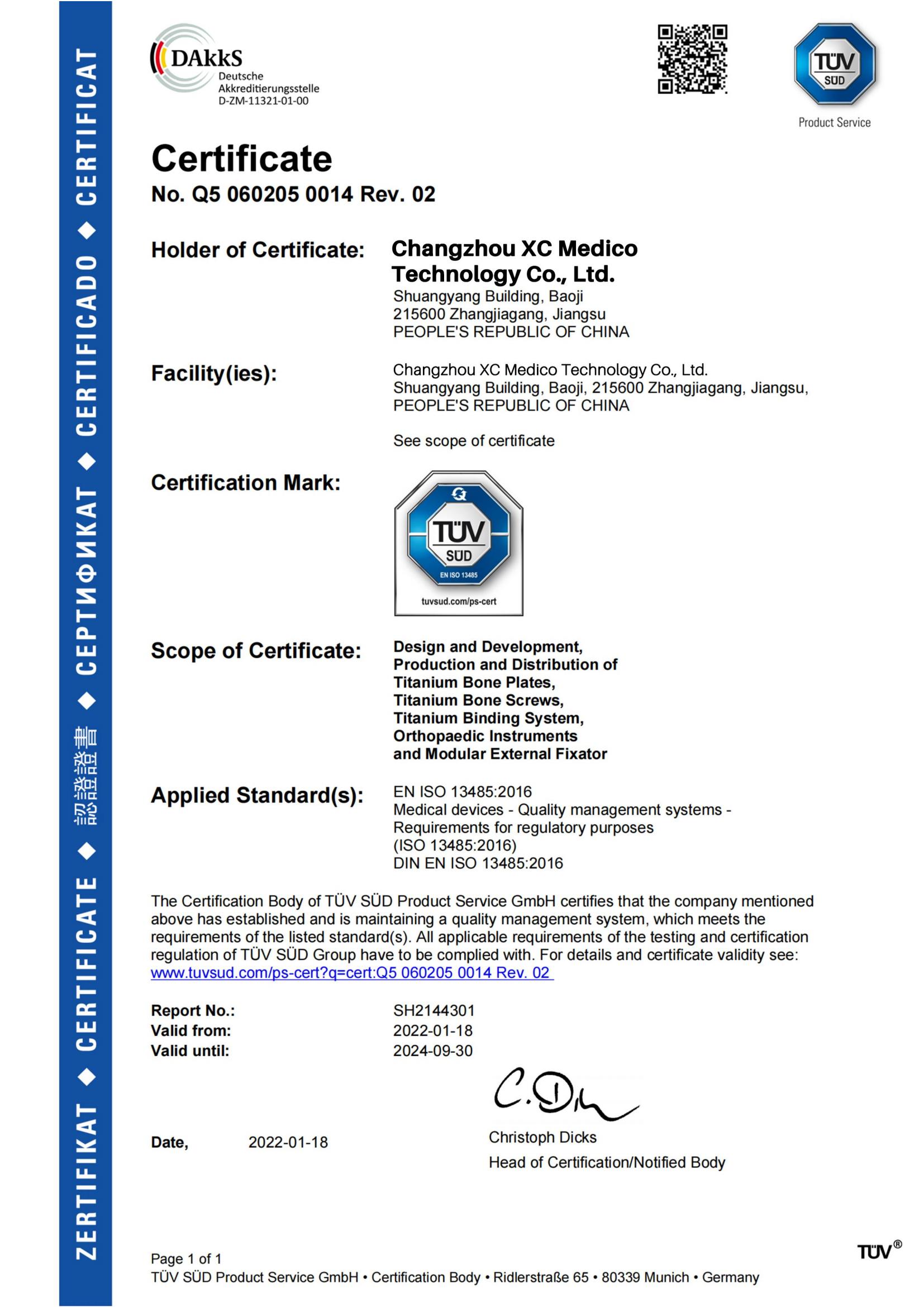 Ejemplo de documento de certificado XC Medico TUV SUD ISO 13485