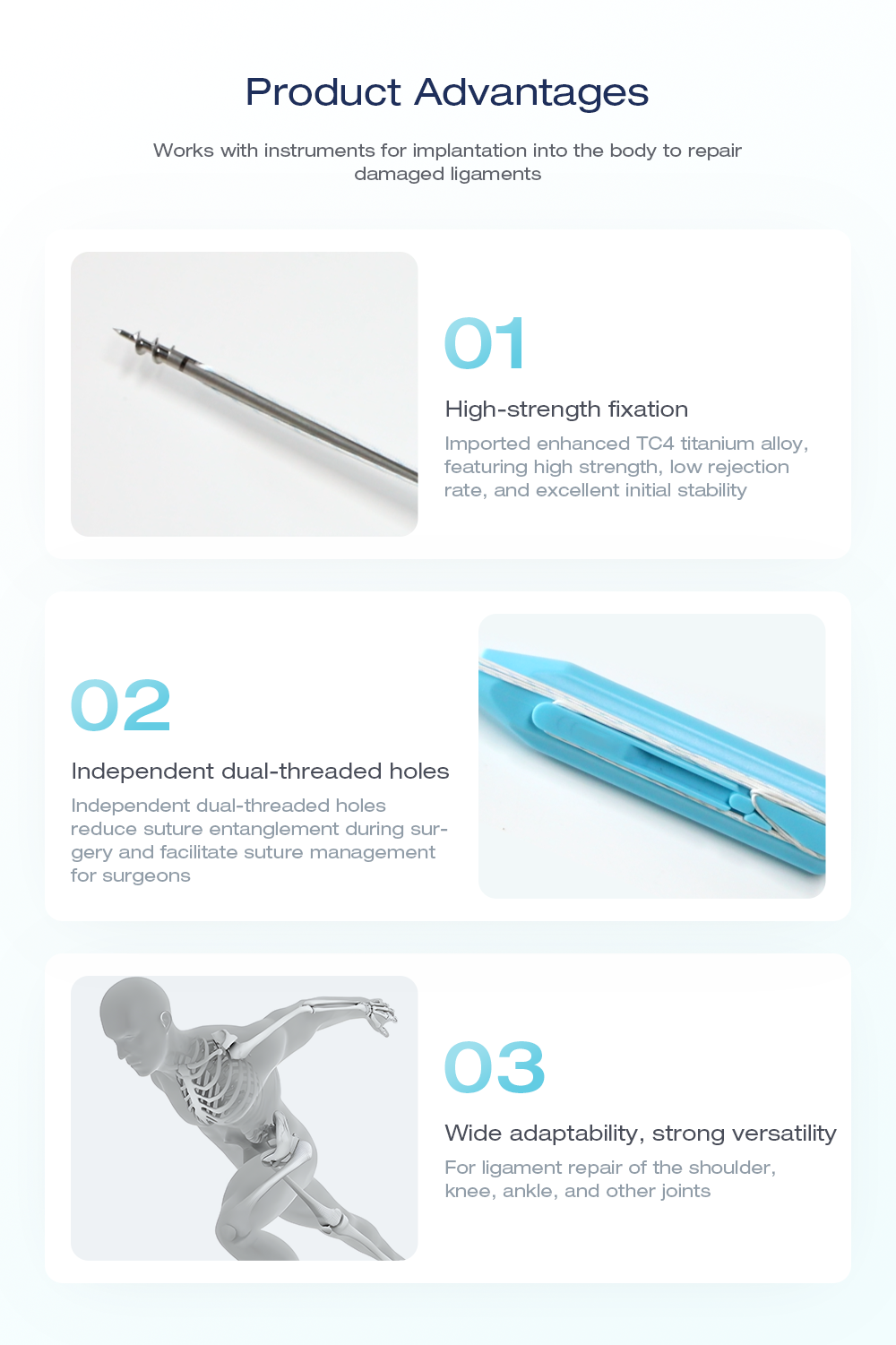 Caracter&iacute;sticas del anclaje de sutura de titanio TC4 que incluyen canales de sutura dobles y aplicaciones de medicina deportiva