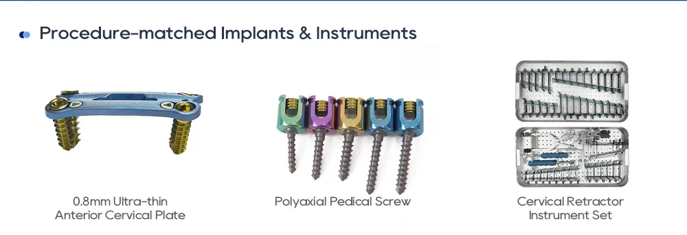de placa cervical anterior ultrafina de 0,8 mm, tornillo pedicular poliaxial y retractor cervical