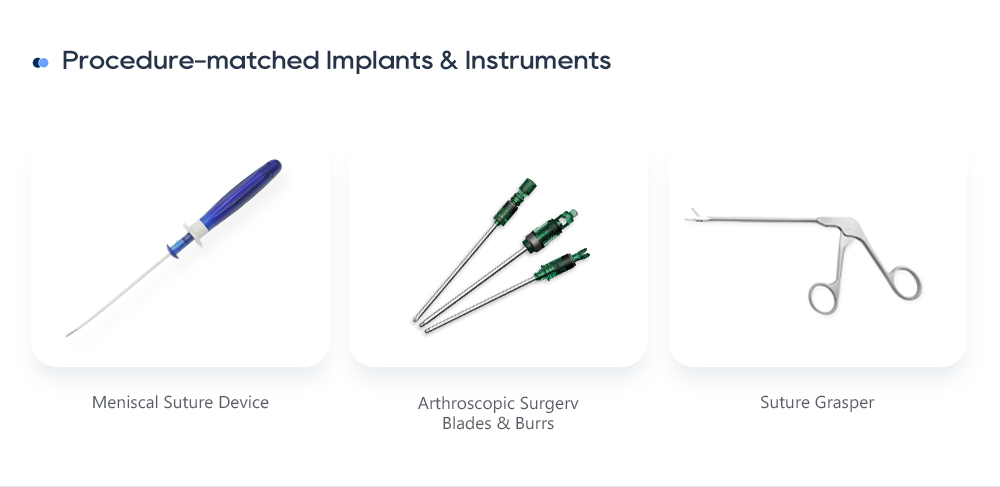 Instrumentos artrosc&oacute;picos adaptados a la reparaci&oacute;n del anclaje de sutura: dispositivo de sutura meniscal, cuchillas y fresas, pinza de sutura