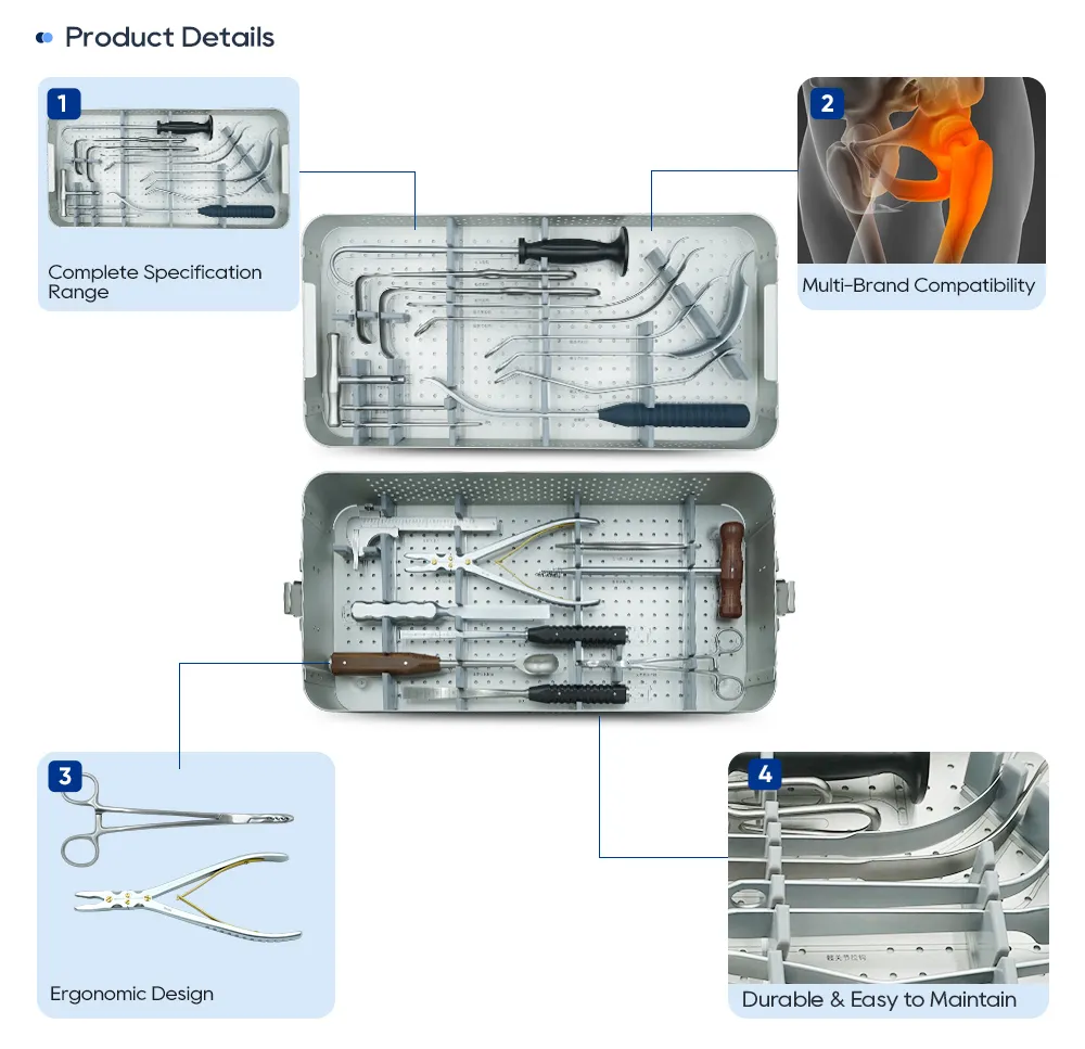 Detalles del conjunto de instrumentos para cirug&iacute;a de cadera: retractores de cadera, f&oacute;rceps, gubias y bandejas de esterilizaci&oacute;n de acero inoxidable.