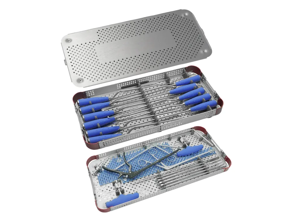 Conjunto de instrumentos para fusi&oacute;n intersom&aacute;tica lumbar anterior dispuesto en una bandeja de esterilizaci&oacute;n abierta de doble capa