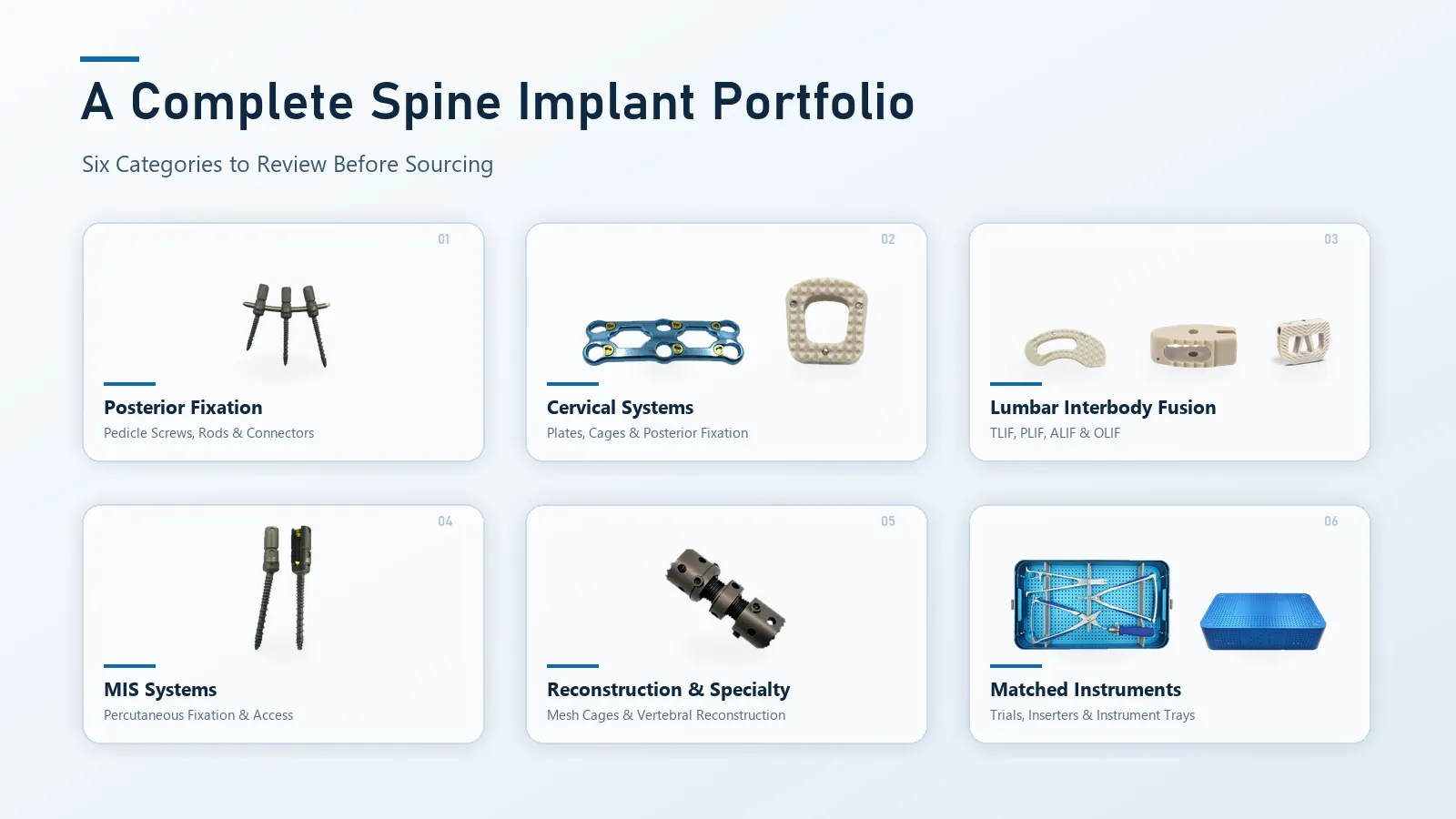 Seis categor&iacute;as de productos para la columna que cubren fijaci&oacute;n posterior, sistemas cervicales, jaulas lumbares, MIS, reconstrucci&oacute;n e instrumentos.