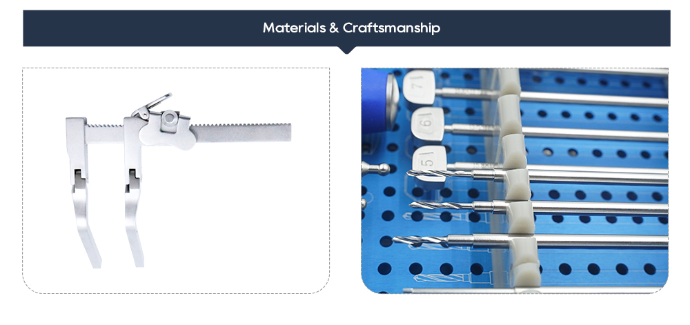 Retractor cervical de acero inoxidable de grado m&eacute;dico y brocas con marcas de profundidad en la bandeja de instrumentos