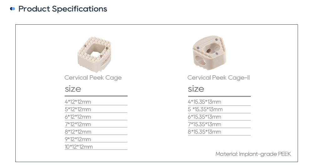 Especificaciones del juego de instrumentos para jaula cervical PEEK