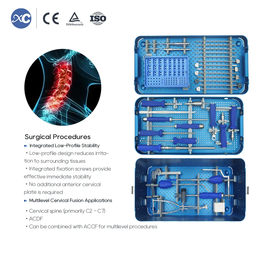 Caja cervical de PEEK de perfil cero con juego de instrumentos exclusivo con 4 tornillos de bloqueo