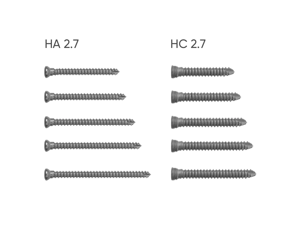 HA 2.7 cortical screws and HC 2.7 locking screws
