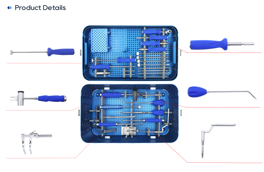 Instrumentos de jaula cervical de perfil cero: empujador de tipo plano, martillo, retractor, insertador de injerto &oacute;seo, punz&oacute;n angulado y gu&iacute;a de broca.
