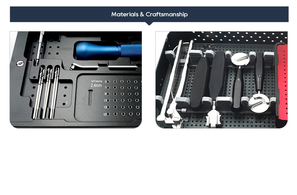 Brocas para tornillos autorroscantes de 2,4 mm y dobladores de placas en la bandeja de instrumentos de reconstrucci&oacute;n maxilofacial