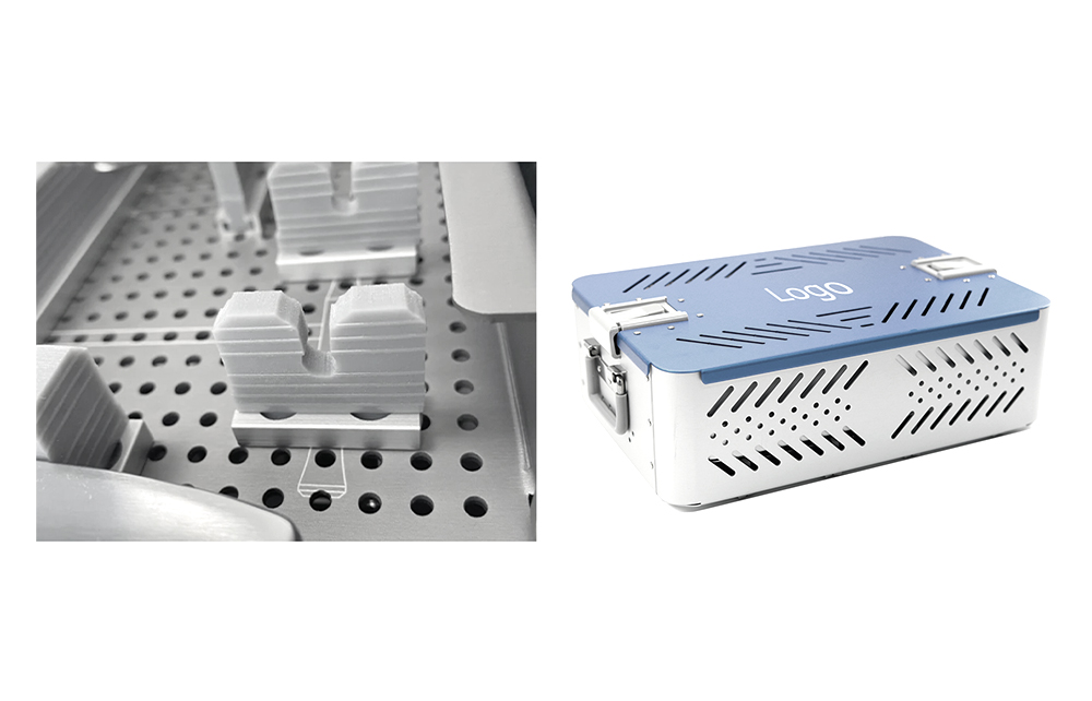 Caja de esterilizaci&oacute;n ortop&eacute;dica de aluminio con soportes de silicona y fabricaci&oacute;n de alta precisi&oacute;n