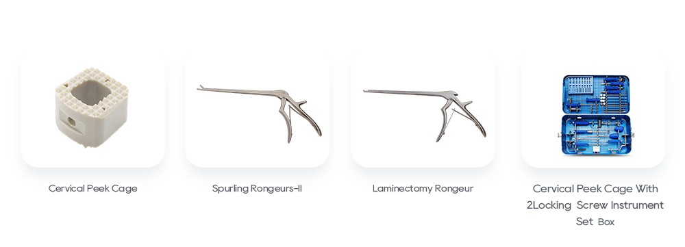Productos relacionados con la columna cervical, incluida la jaula de PEEK cervical, las pinzas gubias Spurling y las pinzas gubias de laminectom&iacute;a.