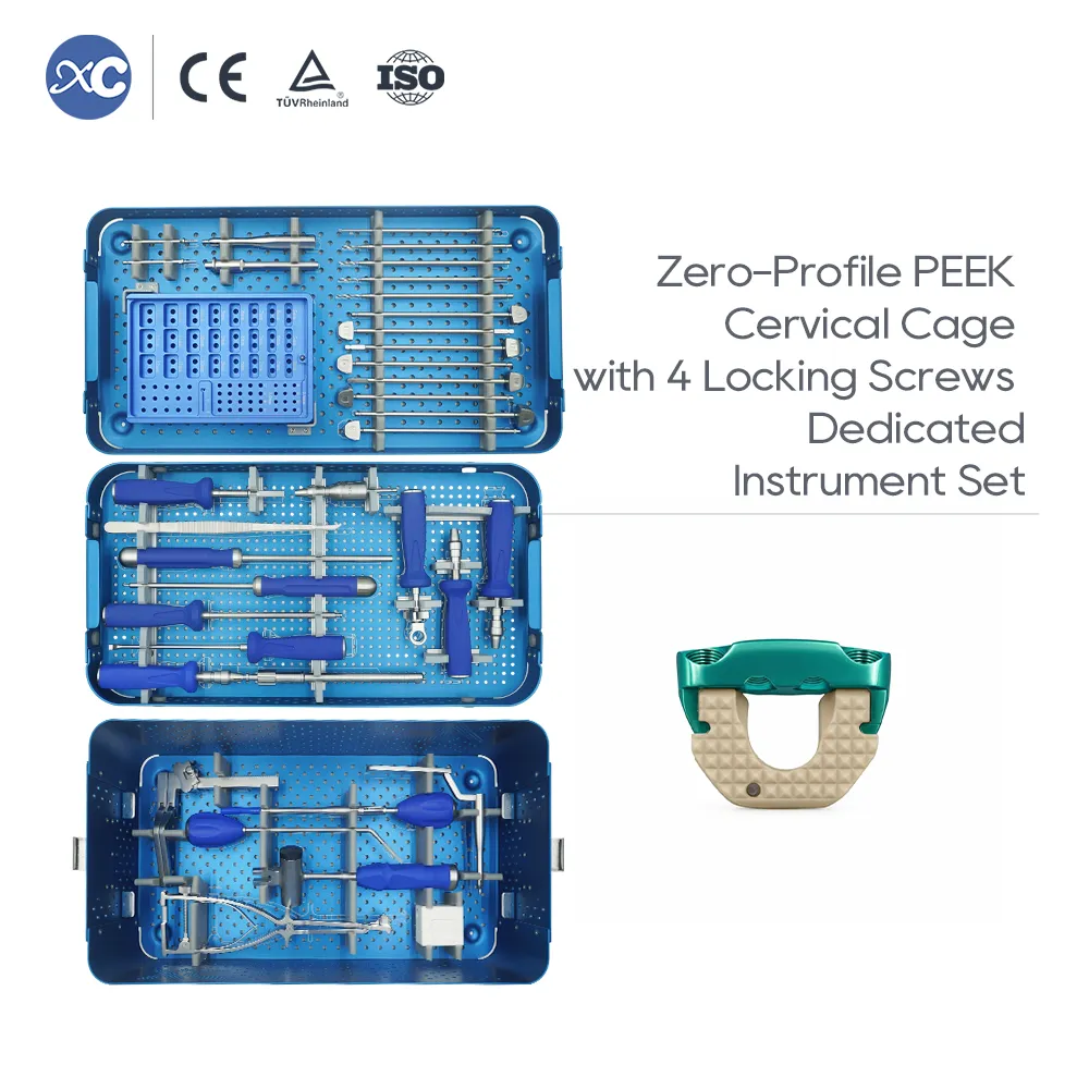 Caja cervical de PEEK de perfil cero con juego de instrumentos exclusivo con 4 tornillos de bloqueo