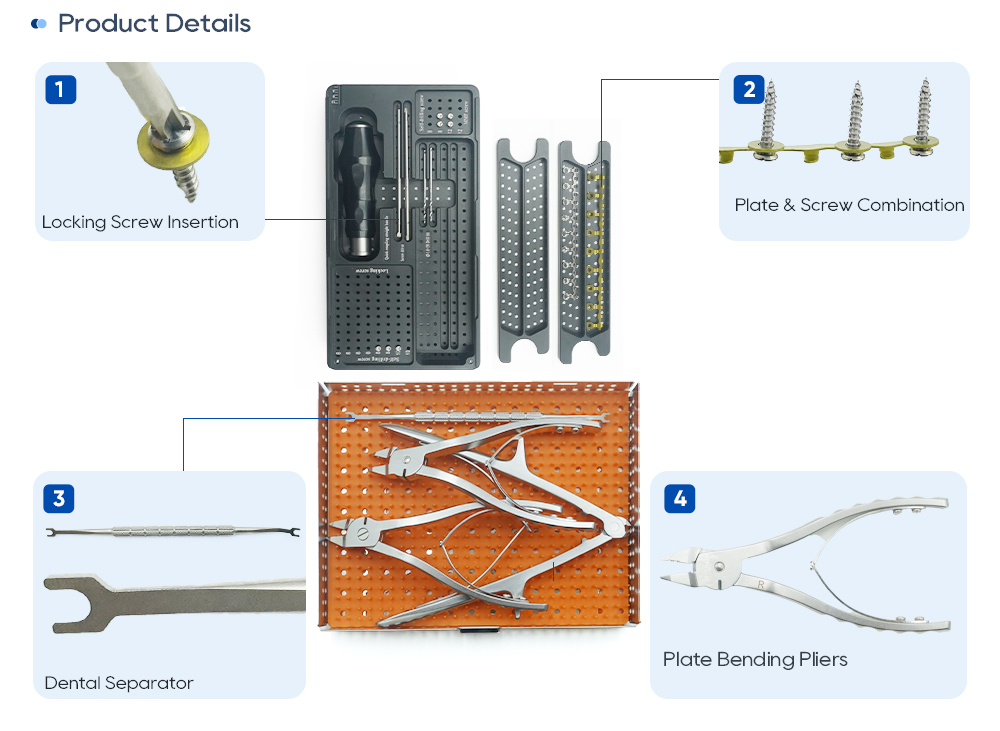 Instrumentos h&iacute;bridos IMF: inserci&oacute;n de tornillos de bloqueo, combinaci&oacute;n de placa y tornillo, separador dental y alicates para doblar placas