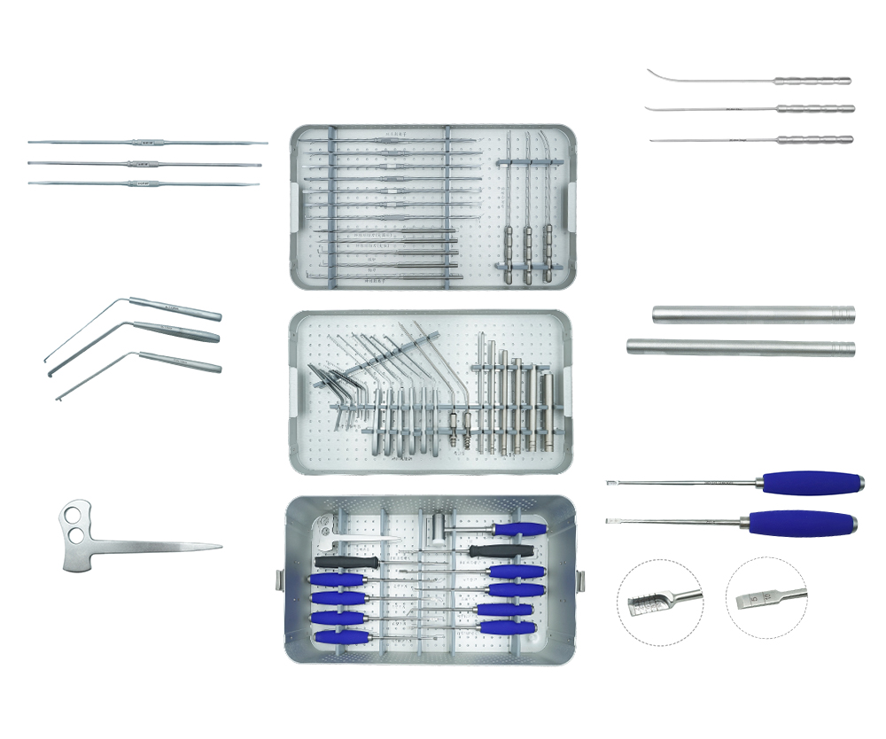 Instrumentos ortop&eacute;dicos detallados para cirug&iacute;a UBE, incluido el retractor de ra&iacute;ces nerviosas y el bistur&iacute; para huesos