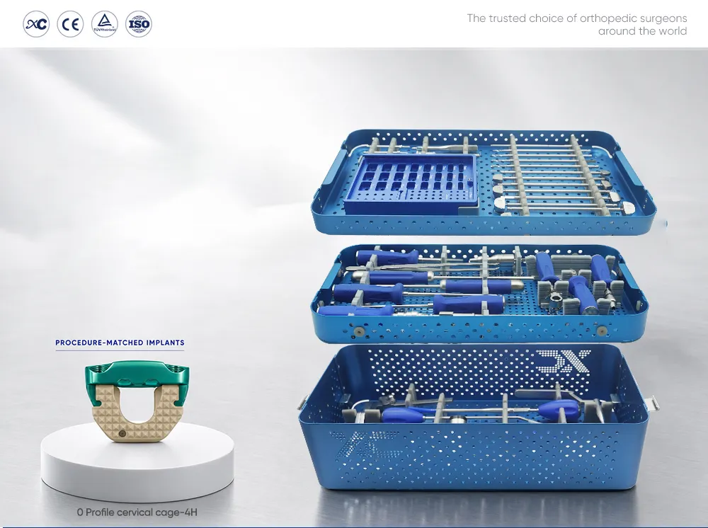 Caja cervical de PEEK de perfil cero con 4 tornillos de bloqueo, juego de instrumentos exclusivo en tres bandejas azules
