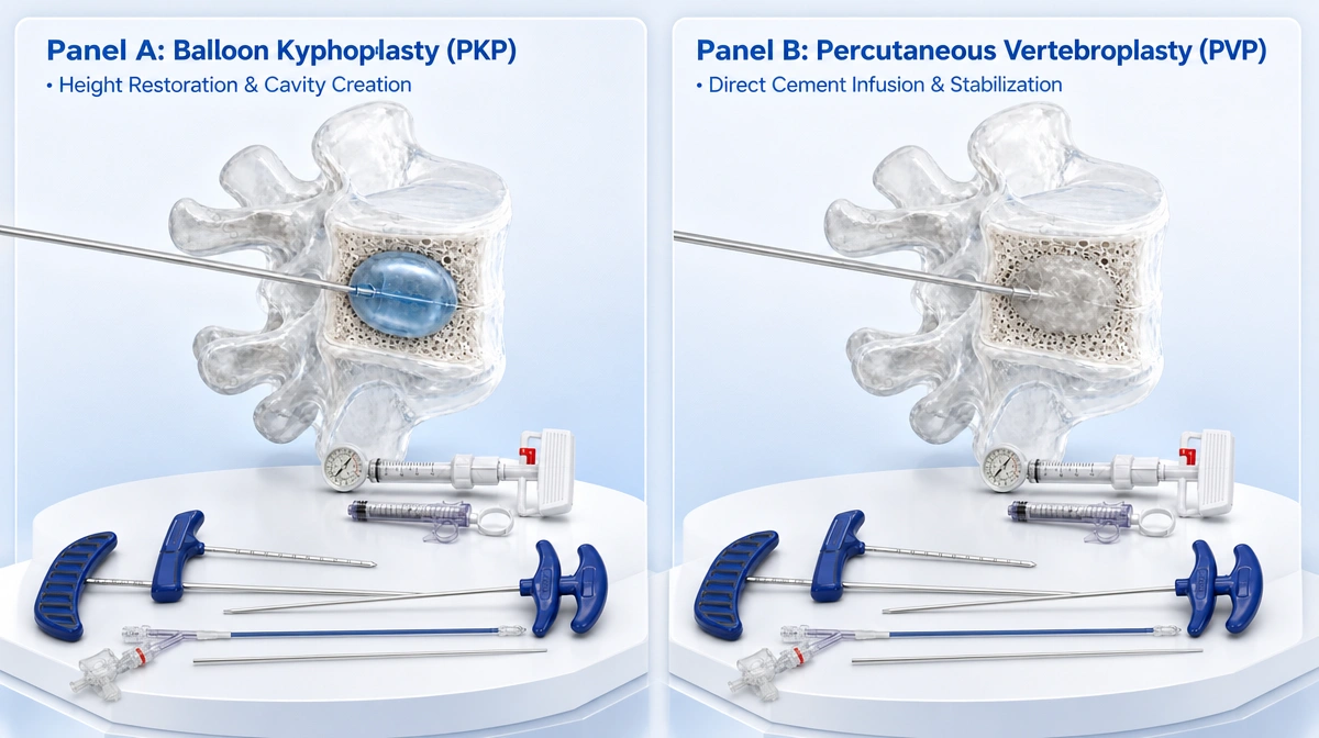 Componentes de un kit completo de procedimiento de cifoplastia 