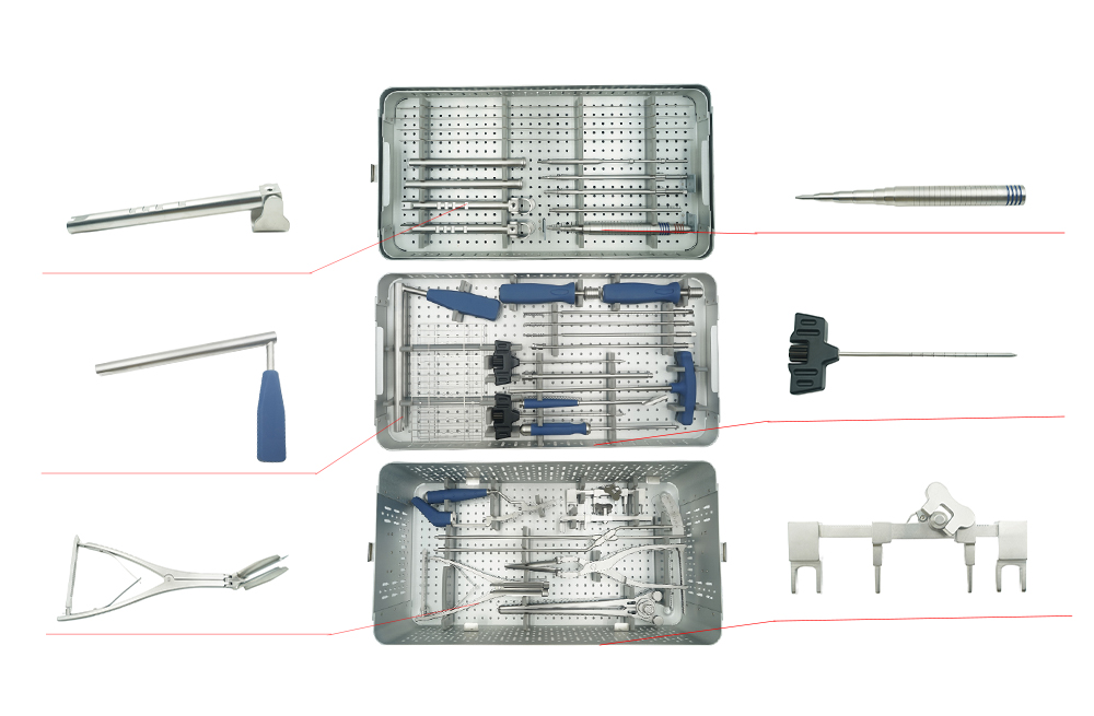 Desglose del conjunto de instrumentos espinales: punz&oacute;n, vaina de expansi&oacute;n, instrumentos de reducci&oacute;n