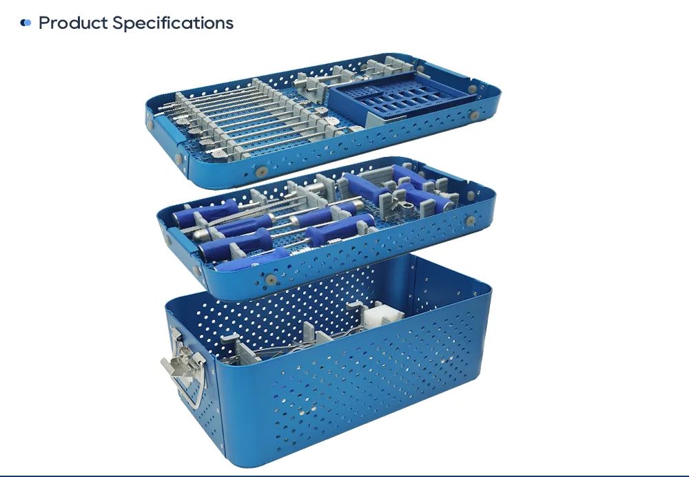 Juego de instrumentos para columna vertebral de tres bandejas para jaula cervical de PEEK de perfil cero con tornillos de bloqueo