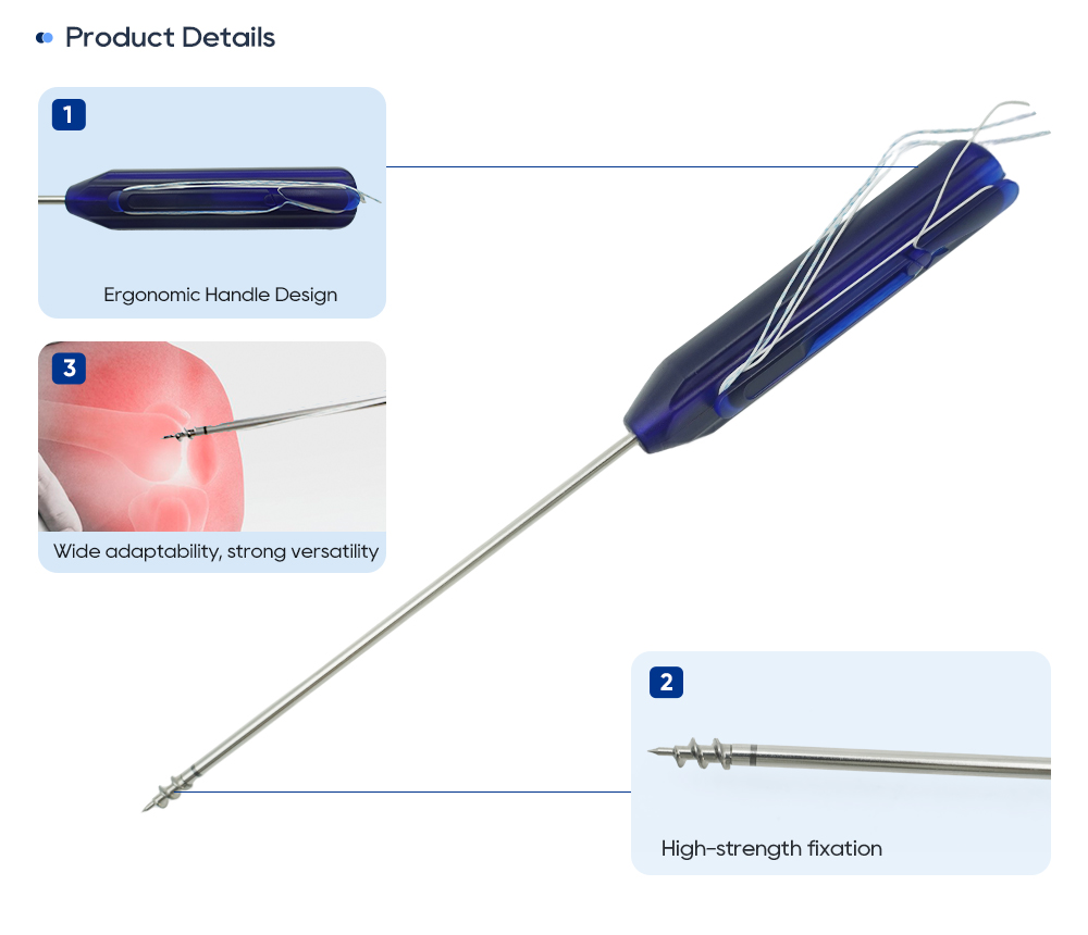 Detalles del insertador de anclaje de sutura de titanio: mango ergon&oacute;mico, punta de anclaje roscada y aplicaci&oacute;n de ligamento del hombro