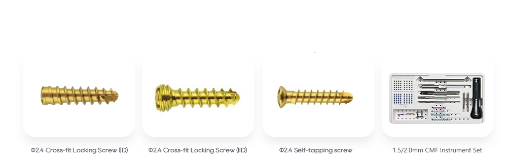 Tornillos de bloqueo en cruz de Φ2,4, tornillo autorroscante de Φ2,4 y juego de instrumentos CMF de 1,5/2,0 mm