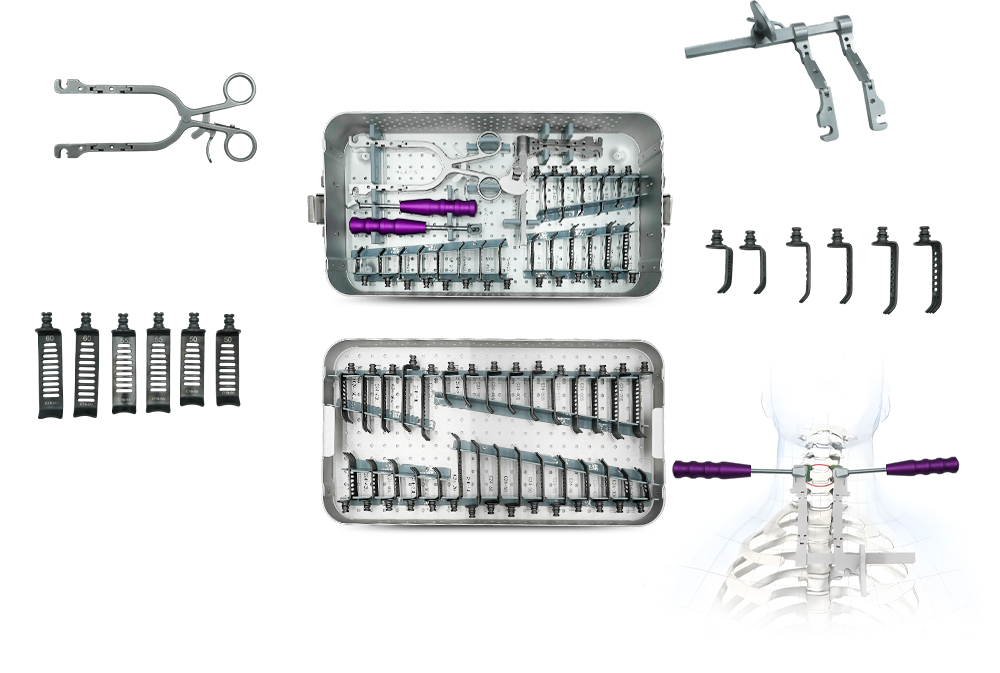 Detalles de f&oacute;rceps de distracci&oacute;n, retractor de doble articulaci&oacute;n y cuchillas en cirug&iacute;a ACDF 