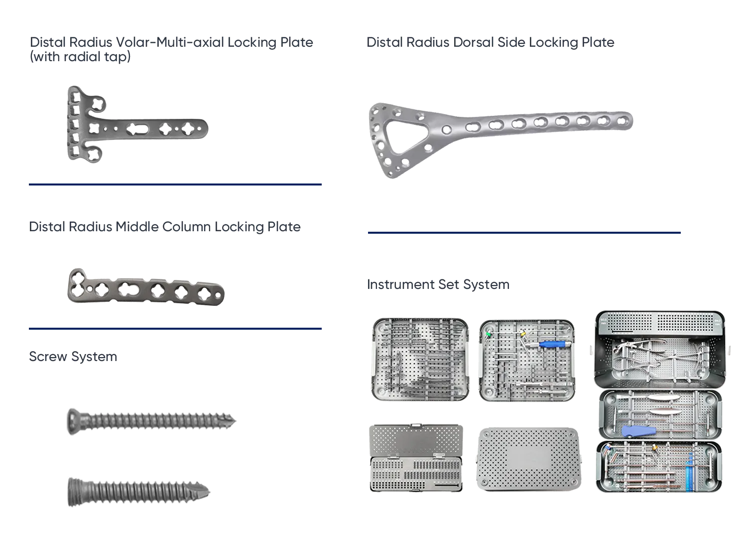 Distal radius plate, screw and instrument configuration