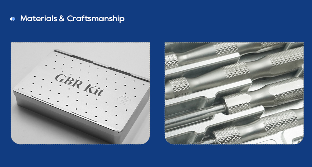 Kit GBR, tapa de caja de aluminio y primer plano de mangos de instrumentos moleteados