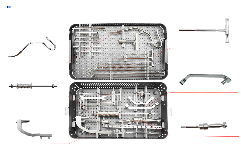 Detalles de instrumentos ortop&eacute;dicos: AWL, martillo, dispositivo de observaci&oacute;n, gu&iacute;a distal