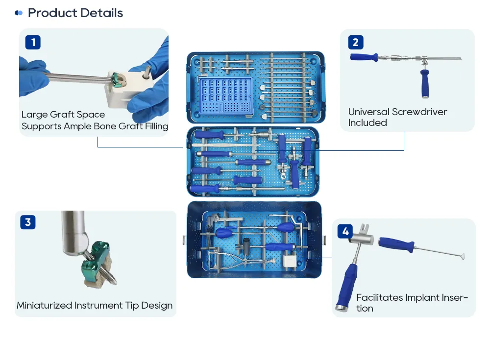 Instrumentos de jaula cervical de perfil cero: bloque de carga de injerto &oacute;seo, destornillador universal, punta de broca miniaturizada e insertador de jaula con mazo
