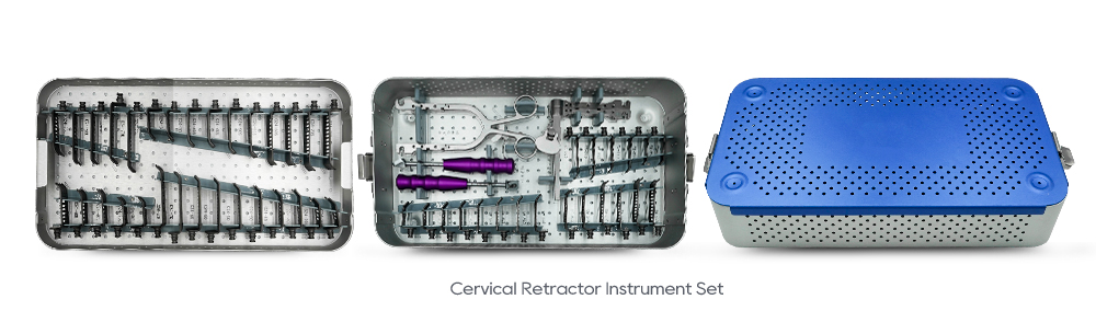 Conjunto de instrumentos para retractor cervical organizado en bandejas de esterilizaci&oacute;n azules