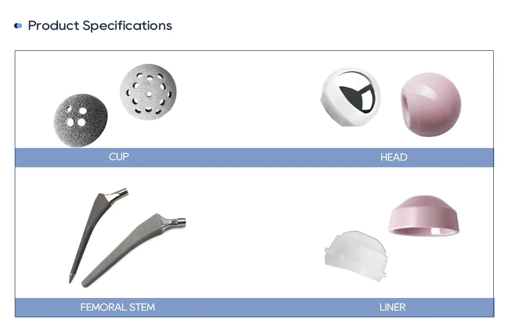 Componentes de la pr&oacute;tesis de cadera: copa acetabular, cabeza femoral, v&aacute;stago femoral y revestimiento